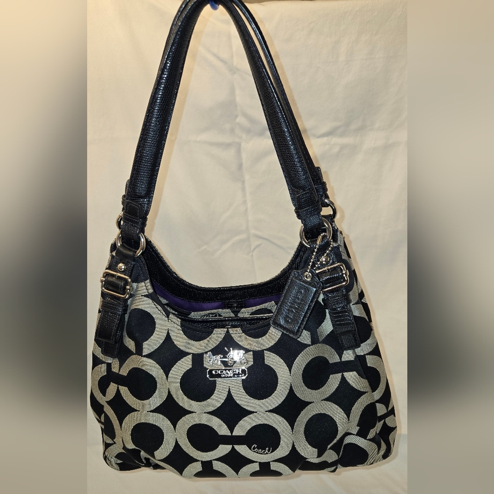 Coach Maggie Madison Signature C’s Shoulder Bag Black Gray with Purple Lining